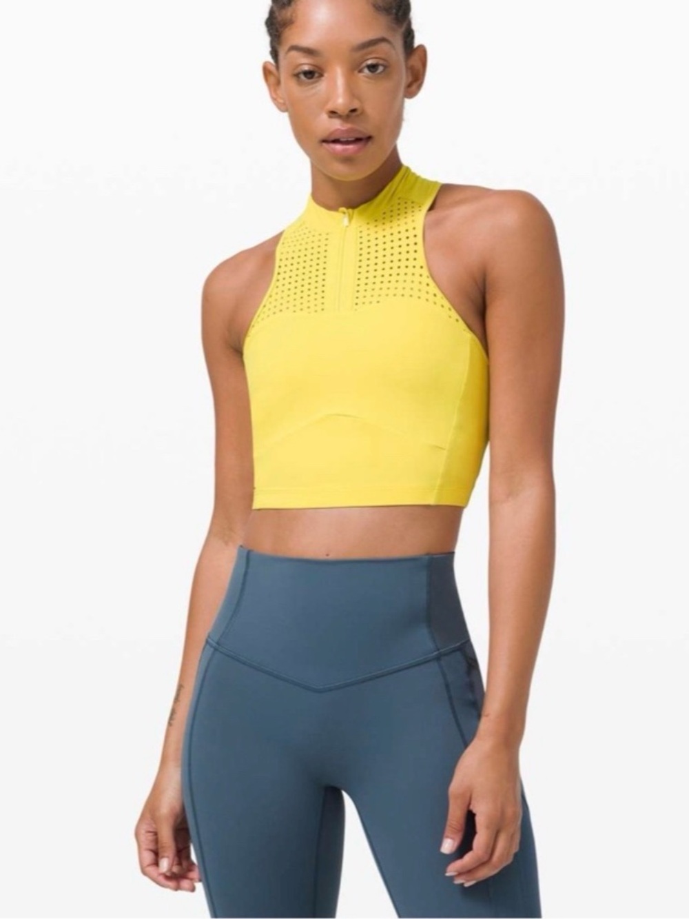 lululemon unleash strength bra yellow Perforated Zip-Front Crop Top size 12